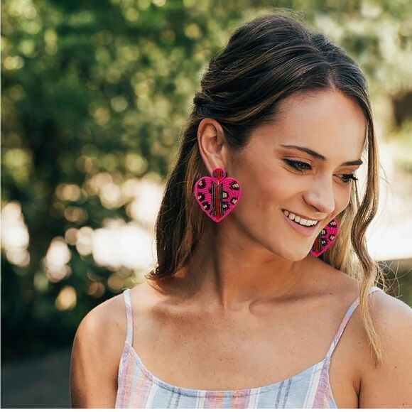 Pink and Multicolor Beaded Boho Heart Leopard Print Dangling Post Back Earrings - Picture 7 of 7